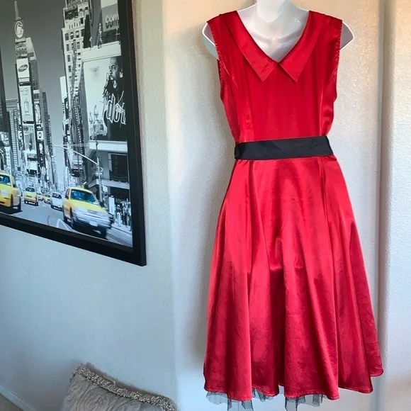 Vintage HEARTS & ROSES red satin dress with tulle, pinup, rockabilly 80s S - Picture 7 of 17